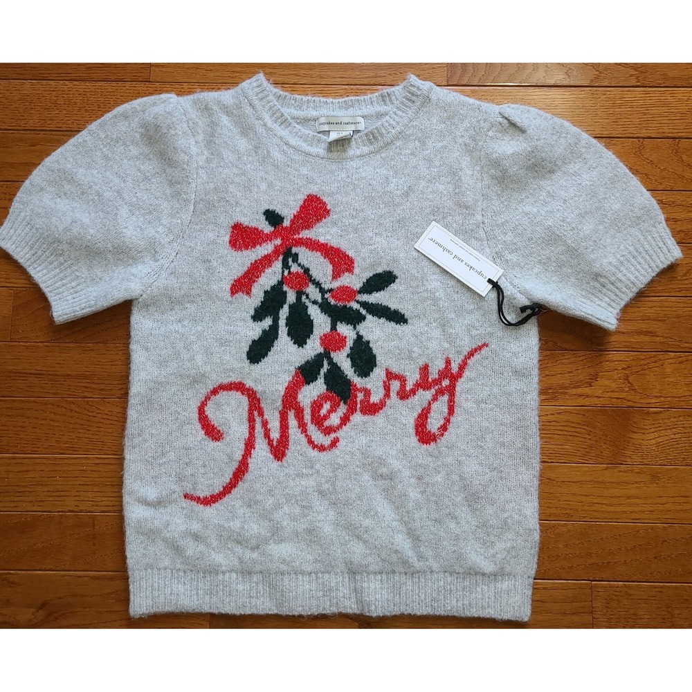 NWT‎ Cupcakes and Cashmere Sweater Womens Sm Gray Merry Holly Holiday Pullover